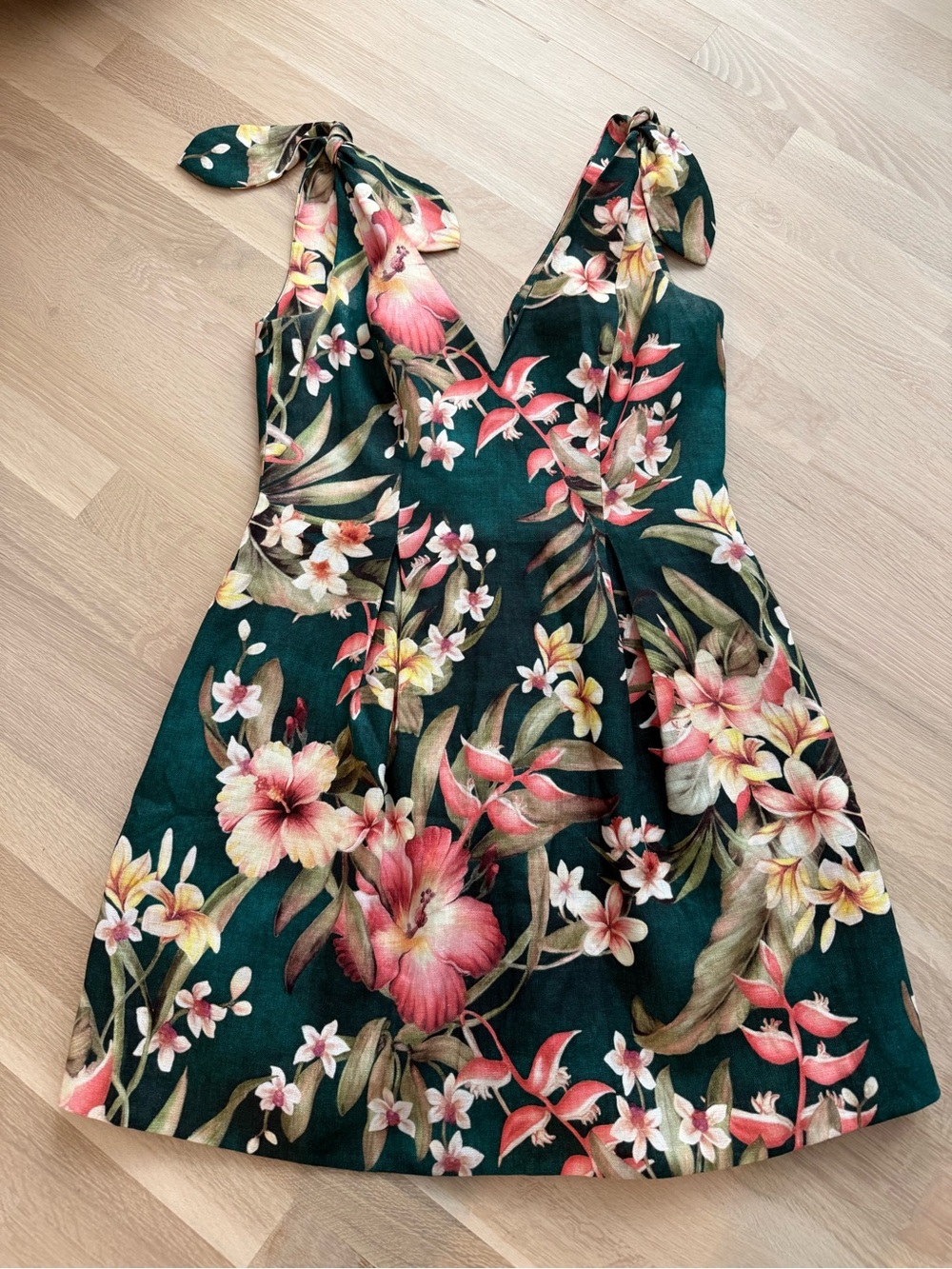 Zimmermann Teal Green Tropical Floral Tie-Shoulder Midi Dress